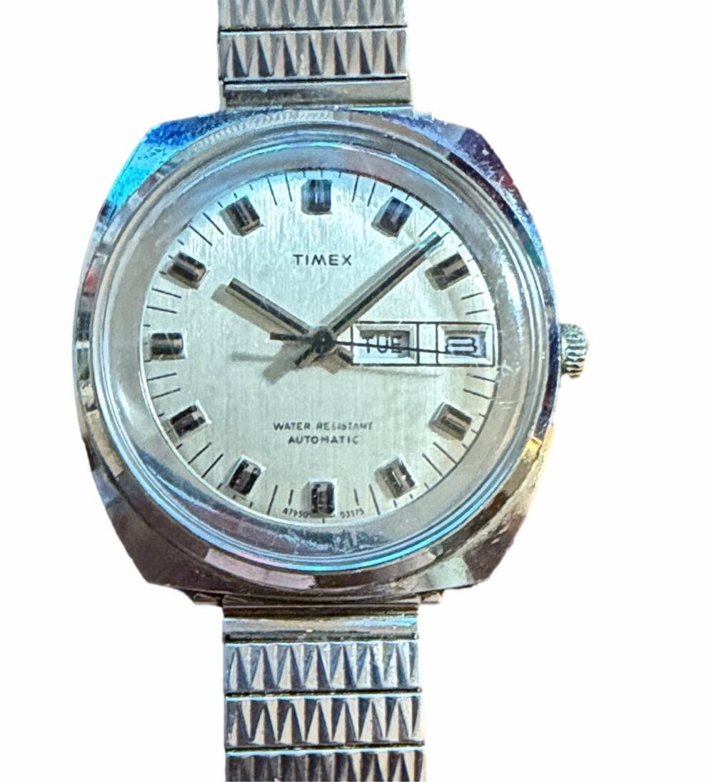 Timex Automatic Watch Men's Cushion Case Silver Dial Day Date Bracelet
